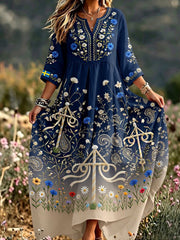 Dams retro svensk konsttryck avslappnad klänning i bomull och linne