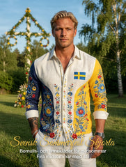 Herrretro svensk midsommarfolkaldrigblommig vafeltröja med långa ärmar