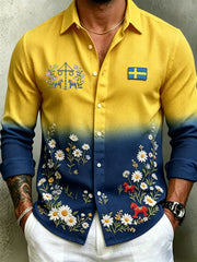 Herrretro svensk midsommarfolkaldrigblommig vafeltröja med långa ärmar