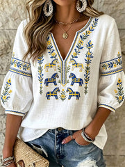 Damsommarblus med svensk midsommartryck, ledig stil
