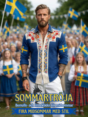 Men's Retro Swedish National Day Midsummer Folk Floral Waffle Long-Sleeve Shirt