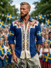 Men's Retro Swedish National Day Midsummer Folk Floral Waffle Long-Sleeve Shirt