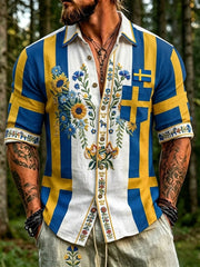 Men's Retro Swedish National Day Midsummer Folk Floral Long-Sleeve Shirt