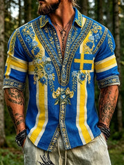 Men's Retro Swedish National Day Midsummer Folk Floral Cotton-Linen Shirt