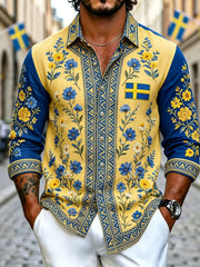 Men's Retro Swedish National Day Midsummer Folk Floral Cotton-Linen Shirt