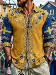 Men's Retro Swedish National Day Midsummer Folk Floral Waffle Long-Sleeve Shirt