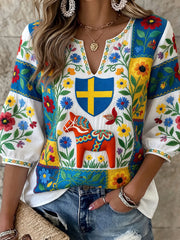 Women's Retro Swedish Dala Horse Floral Embroidery Art Print Casual Top