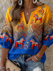 Women's Retro Swedish Dala Horse Floral Embroidery Art Print Casual Top