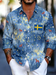 Herrtröja med långa ärmar och konstprint som hyllar den svenska midsommarfesten