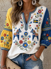 Damernas retrostilade svensk dalahäst broderad blomsterkonsttryckt avslappnad topp