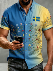 Herrskjorta i retrostil med svensk dalahäst och broderad blomsterkonst, avslappnad stil