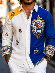 Herrskjorta i retrostil med svensk dalahäst och broderad blomsterkonst, avslappnad stil