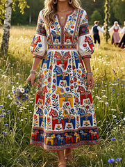 Damklänning i vintagestil med svensk dalahäst, broderad blomsterkonst och avslappnad passform