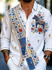 Herrskjorta i retrostil med svensk dalahäst och broderad blomsterkonst, avslappnad stil