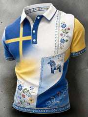 Herrpolotröja med konsttryck till minne av svenska högtider och festivaler, kortärmad