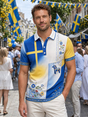 Herrpolotröja med konsttryck till minne av svenska högtider och festivaler, kortärmad