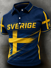 Herrpolotröja med fanart-print och hejarramsor från en svensk fotbollsmatch