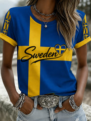 Damer Retro Svensk Fotboll Flagga Emblem Vikingstil Ledsam T-shirt