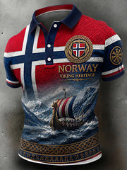 Herrpolotröja i retro-nordisk stil med norsk konsttryck
