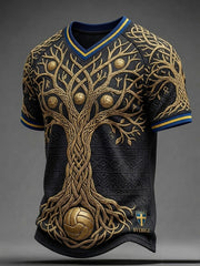 Herrar Retro Svensk Fotbollslärd 2026 Tryckt Avslappnad T-shirt med V-ringning