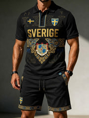 Herrset med retrostil: svensk fotbollsentusiast 2026 – tryckt polo och shorts för vardagsbruk