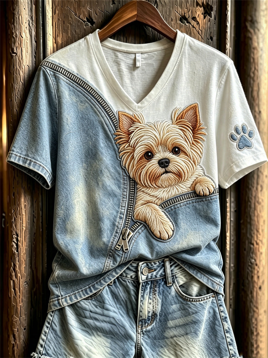 Női peeking yorkshire terrier kutya unzipped denim print rövid ujjú póló