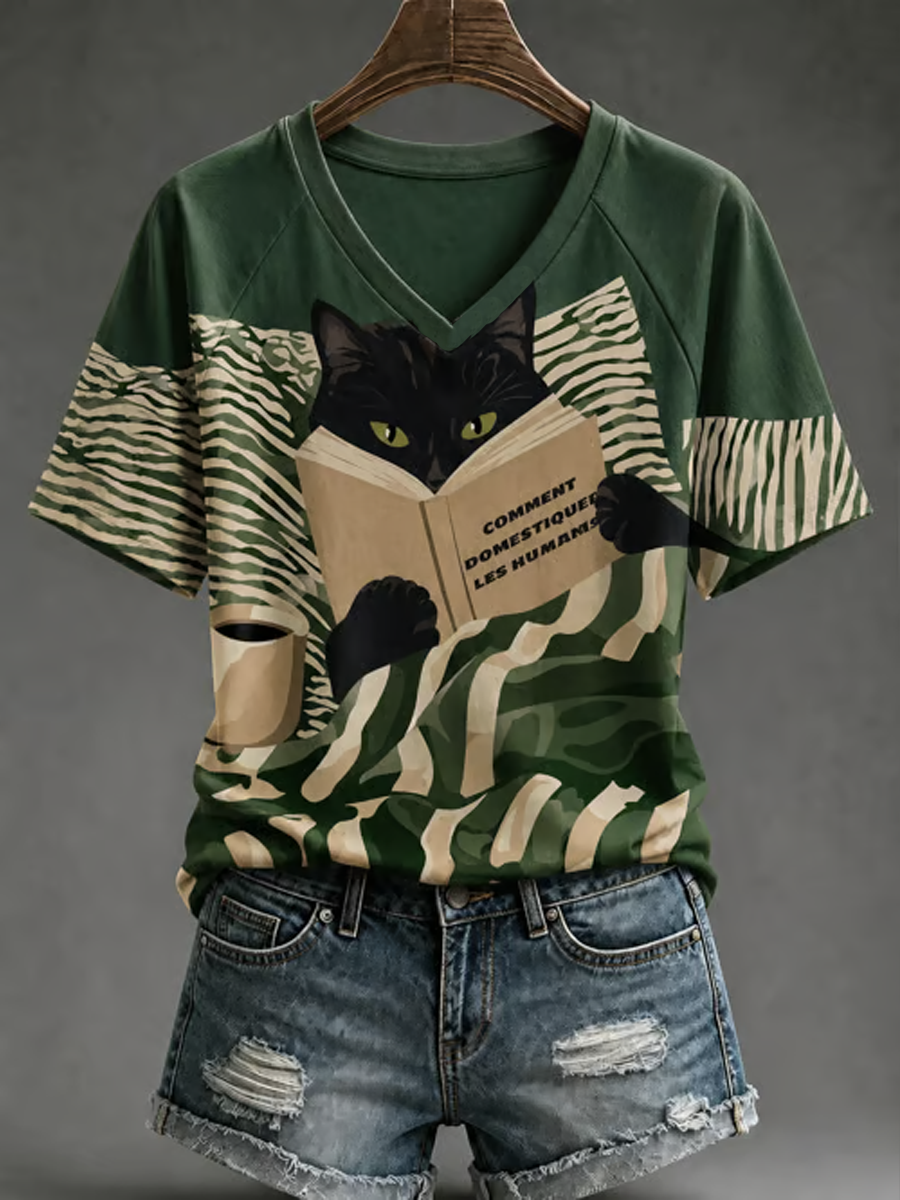 Női aranyos macska nyomtatás v-neck off-shoulder rövid ujjú póló