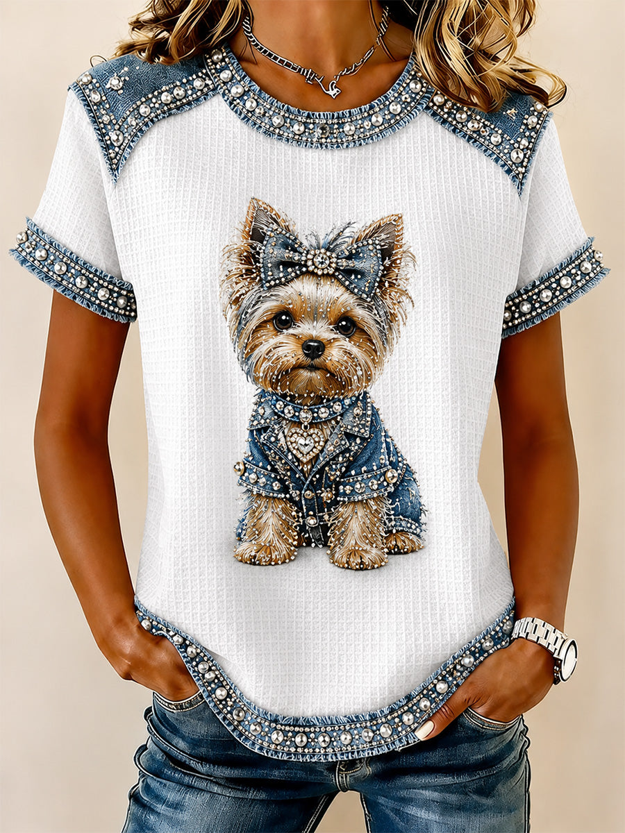 Női farmer patchwork kutya nyomtatás waffle alkalmi tee