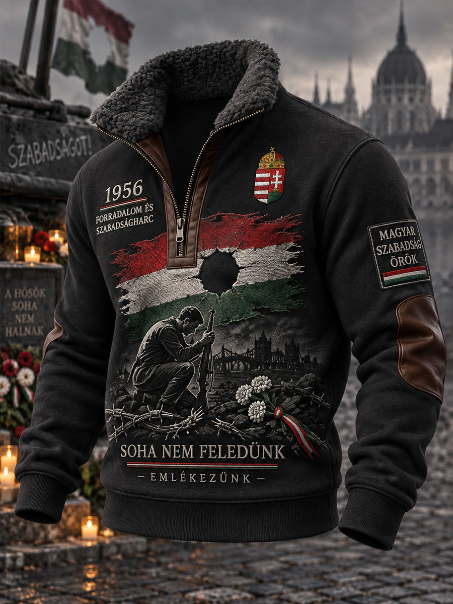 Férfi magas nyakú, hosszú ujjú pulóver „Forradalom és szabadságharc évfordulója” grafikus nyomattal