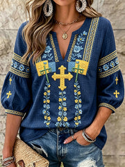 Damsvensk blommig midsommar 3D-tryckt avslappnad t-shirt med V-ringning