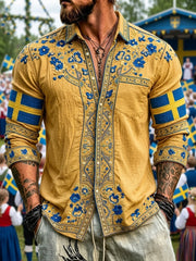 Men's Retro Swedish National Day Midsummer Folk Floral Waffle Long-Sleeve Shirt