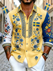 Men's Retro Swedish National Day Midsummer Folk Floral Long-Sleeve Shirt