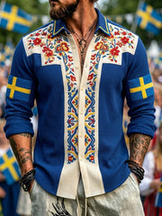 Men's Retro Swedish National Day Midsummer Folk Floral Waffle Long-Sleeve Shirt