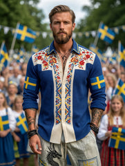 Men's Retro Swedish National Day Midsummer Folk Floral Waffle Long-Sleeve Shirt