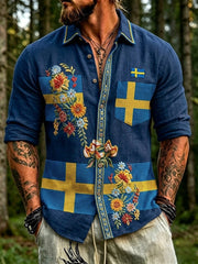 Men's Retro Swedish National Day Midsummer Folk Floral Long-Sleeve Shirt