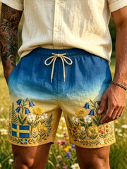 Men's Retro Swedish National Day Midsummer Folk Floral  Cotton-Linen Short Pants