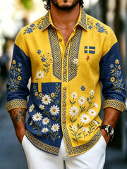 Men's Retro Swedish National Day Midsummer Folk Floral Cotton-Linen Shirt