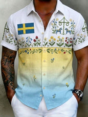 Men's Retro Swedish Midsummer Folk Floral Cotton-Linen Short-Sleeve Shirts