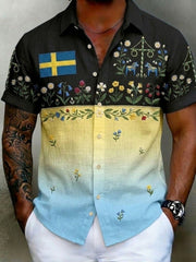 Men's Retro Swedish Midsummer Folk Floral Cotton-Linen Short-Sleeve Shirts