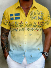 Men's Retro Swedish Midsummer Folk Floral Cotton-Linen Short-Sleeve Shirts