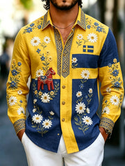 Men's Retro Swedish National Day Midsummer Folk Floral Cotton-Linen Shirt