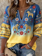Women's Retro Swedish Dala Horse Floral Embroidery Art Print Casual Top