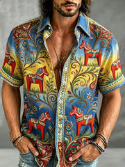 Men's Retro Swedish Dala Horse Floral Embroidery Art Print Casual Shirt O-shirt