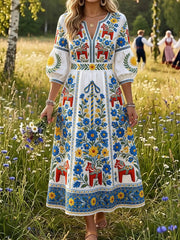 Women's Vintage Swedish Dala Horse Floral Embroidery Art Print Casual Dress