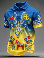 Men's Retro Swedish Dala Horse Floral Embroidery Art Print Casual Polo Shirt