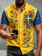 Men's Retro Swedish Dala Horse Floral Embroidery Art Print Casual Shirt O-shirt