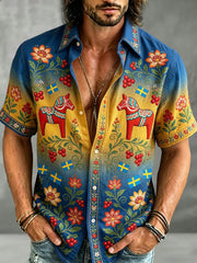 Men's Retro Swedish Dala Horse Floral Embroidery Art Print Casual Shirt O-shirt