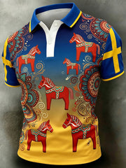 Men's Retro Swedish Dala Horse Floral Embroidery Art Print Casual Polo Shirt