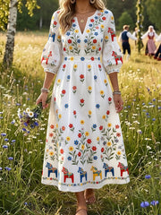 Women's Vintage Swedish Dala Horse Floral Embroidery Art Print Casual Dress