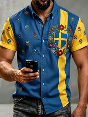 Herrskjorta i retrostil med svensk dalahäst och broderad blomsterkonst, avslappnad stil